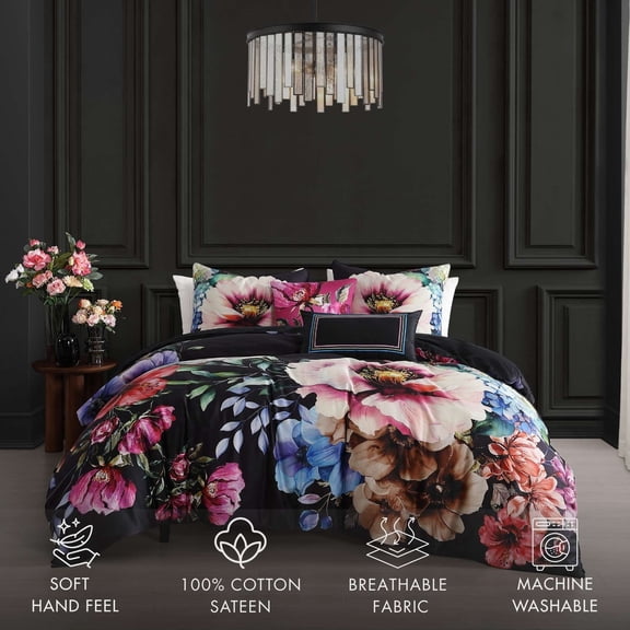 Bebejan Black Night Poppies 5 Piece Comforter Set, King, 100% Cotton Sateen, Reversible,All Season, Cozy Comfort