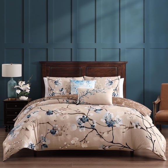 Bebejan Blue Blossom 5 Piece Comforter Set, King, Taupe, 220 Thread Count, 100% Cotton Sateen, Reversible
