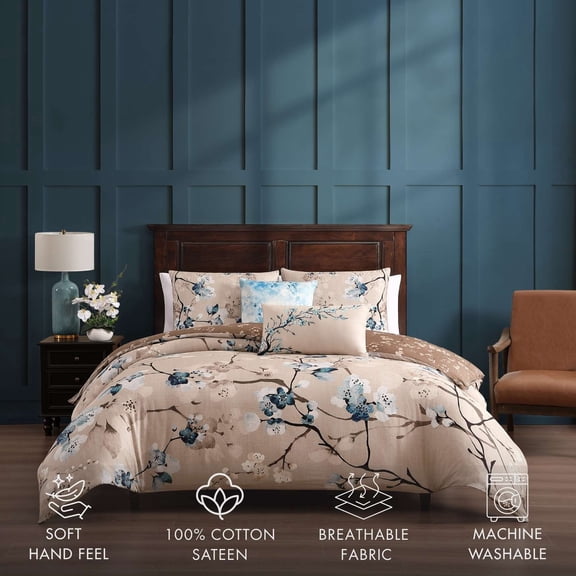 Bebejan Blue Blossom 5 Piece Comforter Set, Queen, Taupe, 220 Thread Count, 100% Cotton Sateen, Reversible