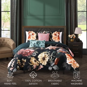 Bebejan Botanical Birds 5 Piece  Reversible Comforter Set, King, Black, 100% Cotton Sateen, All Season, Cozy Comfort
