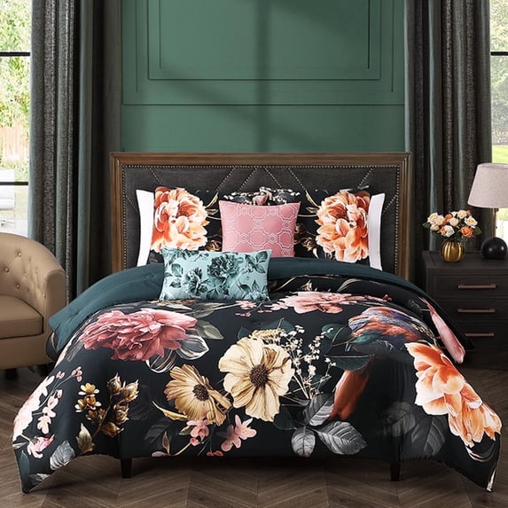 Bebejan Botanical Birds 5 Piece Comforter Set, King, Black, 100% Cotton Sateen, Reversible, All Season, Cozy Comfort