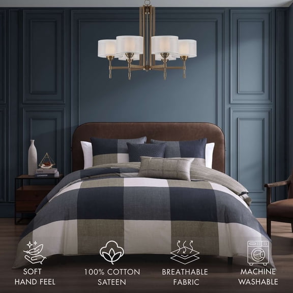 Bebejan Checkered Navy Tan 5 Piece Comforter Set, Blue, King, 100% Cotton Sateen, Reversible, All Season, Cozy Comfort