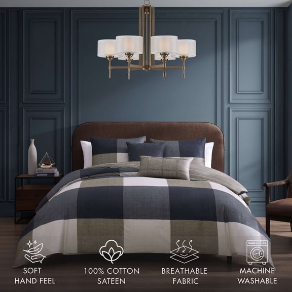 Bebejan Checkered Navy Tan 5 Piece Comforter Set, Blue, Queen, 100% Cotton Sateen, Reversible, All Season, Cozy Comfort