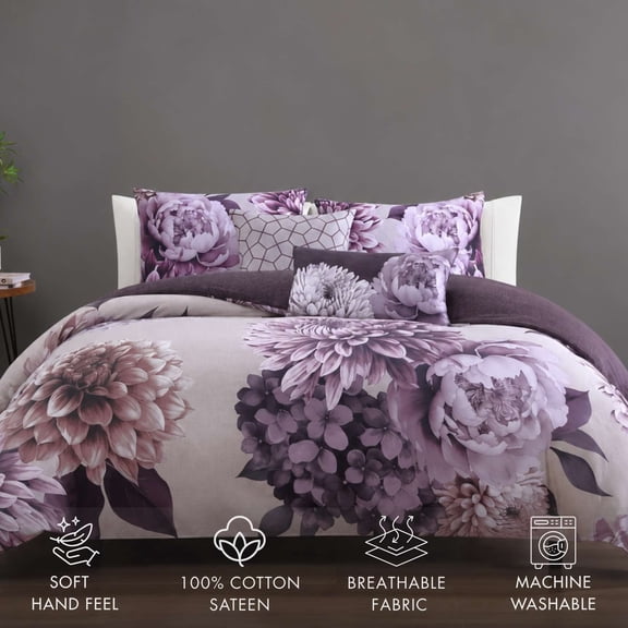 Bebejan Plum Petal 5 Piece Comforter Set, Queen, Purple, 100% Cotton Sateen, Reversible, All Season, Cozy Comfort