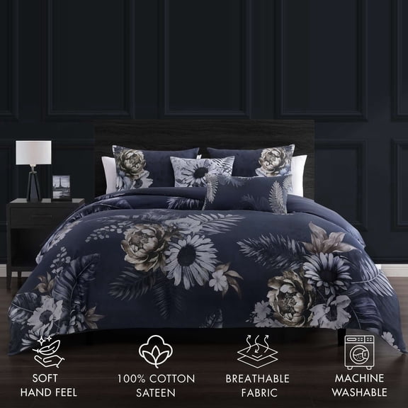 Bebejan Forget Me Not 5 Piece Comforter Set, King, Blue, 100% Cotton Sateen, Reversible, All Season, Cozy Comfort