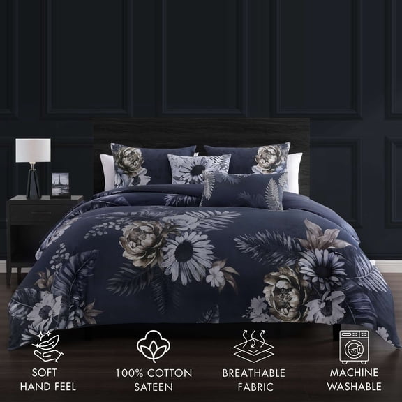 Bebejan Forget Me Not 5 Piece Reversible Comforter Set, Queen, Blue, 100% Cotton Sateen, All Season, Cozy Comfort
