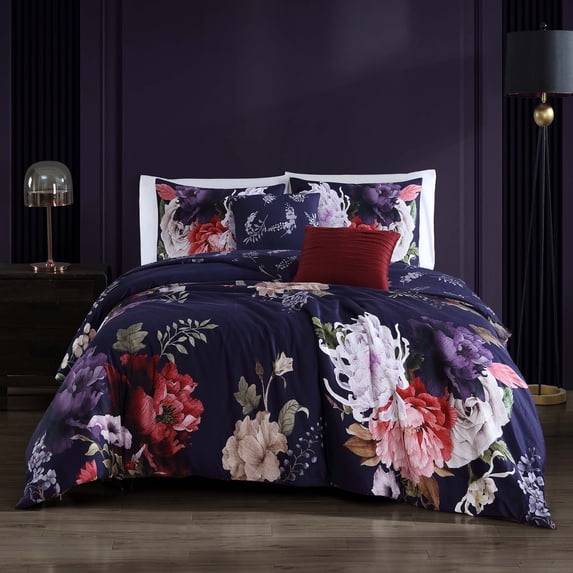 Bebejan Deep Purple Garden 5 Piece Comforter Set, King, 100% Cotton Sateen, Reversible, All Season, Cozy Comfort