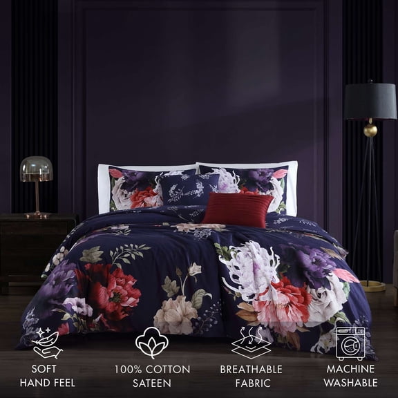 Bebejan Deep Purple Garden 5-Piece Comforter Set, Queen, 100% Cotton Sateen, 200 Thread Count, Reversible