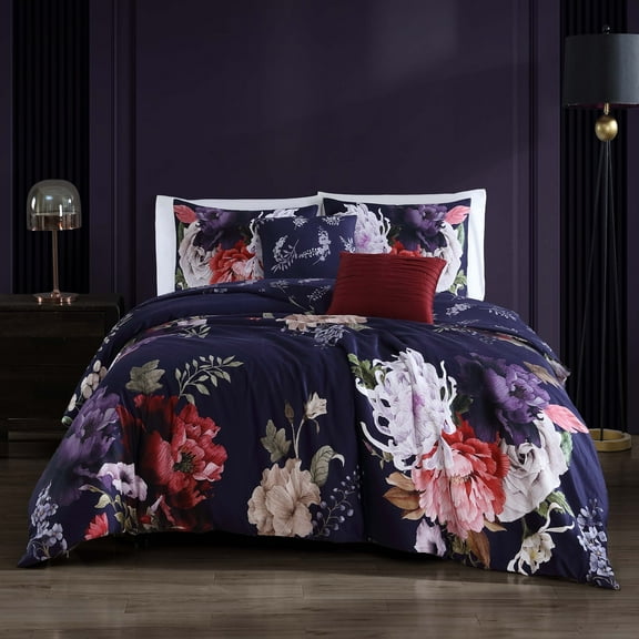 Bebejan Deep Purple Garden 5 Piece Comforter Set, Queen, 100% Cotton Sateen, Reversible, All Season, Cozy Comfort