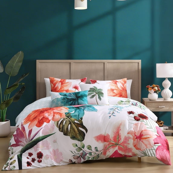 Bebejan Eden's Embrace 5 Piece Comforter Set, Queen, White, 100% Cotton Sateen, Reversible, All Season, Cozy Comfort