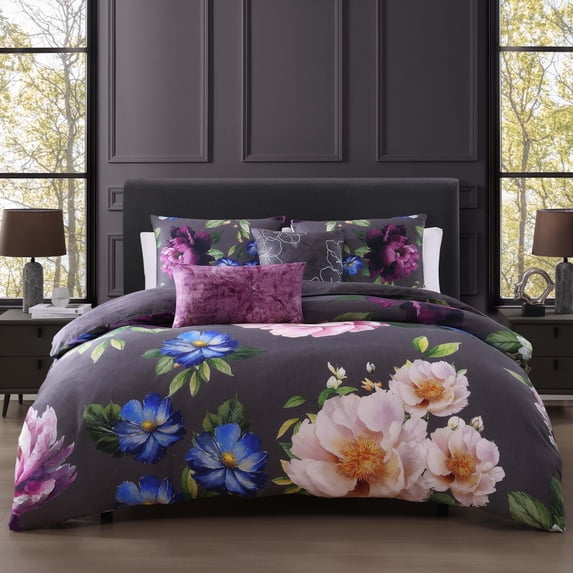 Bebejan Elegant Blossoms 5 Piece Comforter Set, King, Grey, 100% Cotton Sateen, Reversible, All Season, Cozy Comfort
