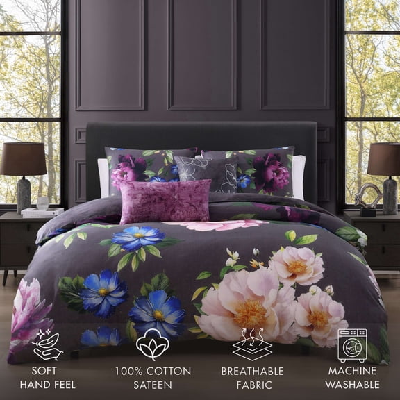 Bebejan Elegant Blossoms 5 Piece Reversible Comforter Set, Queen, Grey, 100% Cotton Sateen, All Season, Cozy Comfort