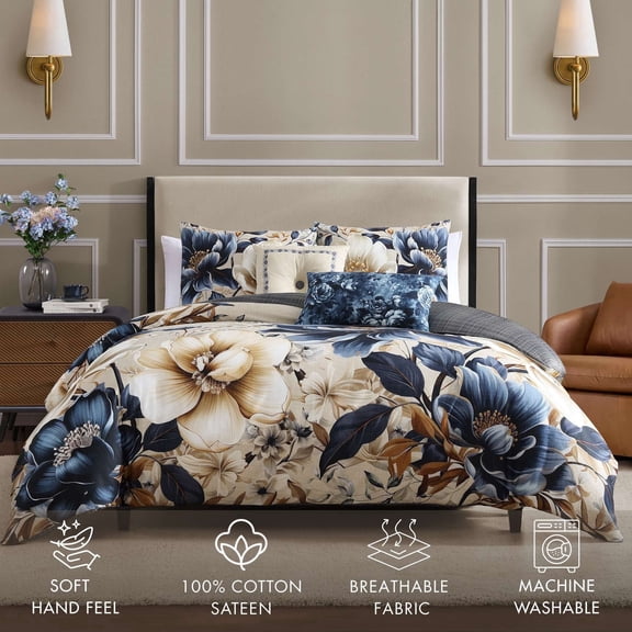 Bebejan English Manor 5 Piece Comforter Set, King, Blue, 100% Cotton Sateen, Reversible, All Season, Cozy Comfort