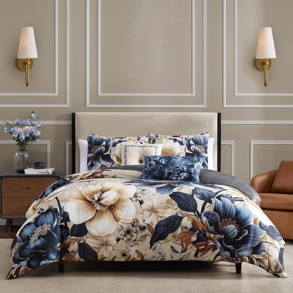 Bebejan English Manor 5 Piece Comforter Set, King, Blue, 100% Cotton Sateen, Reversible, All Season, Cozy Comfort
