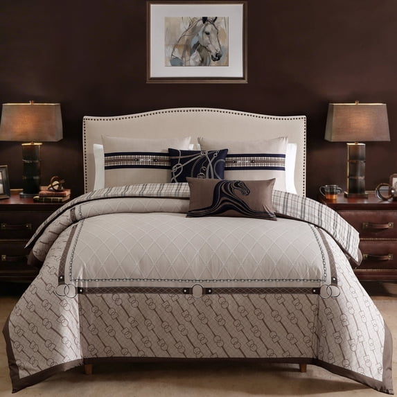 Bebejan Equestrian 5 100% Cotton Sateen Piece Reversible Comforter Set, King, 100% Cotton Sateen, Reversible, All Season, Cozy Comfort