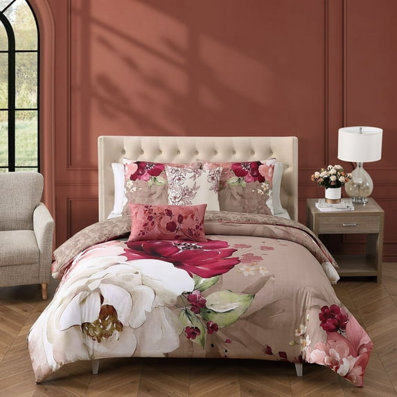 Bebejan Florence 5 Piece Comforter Set, King, Brown, 100% Cotton Sateen, Reversible, All Season, Cozy Comfort