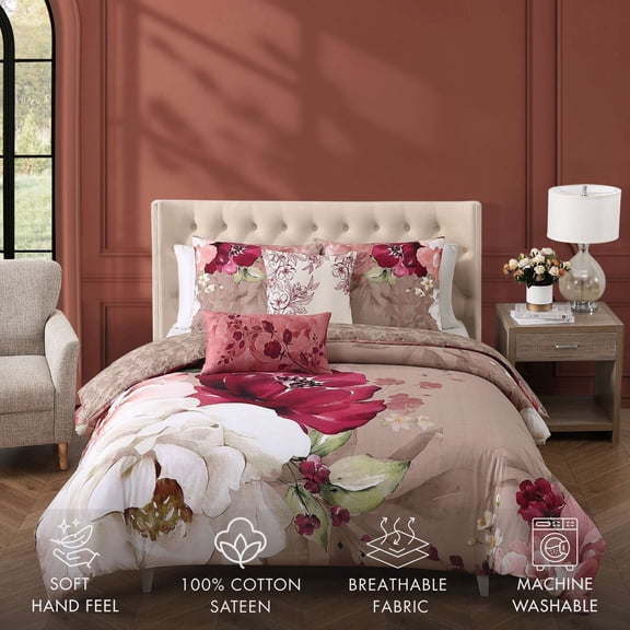 Bebejan Florence 5 Piece Reversible Comforter Set, King, Brown, 100% Cotton Sateen, All Season, Cozy Comfort