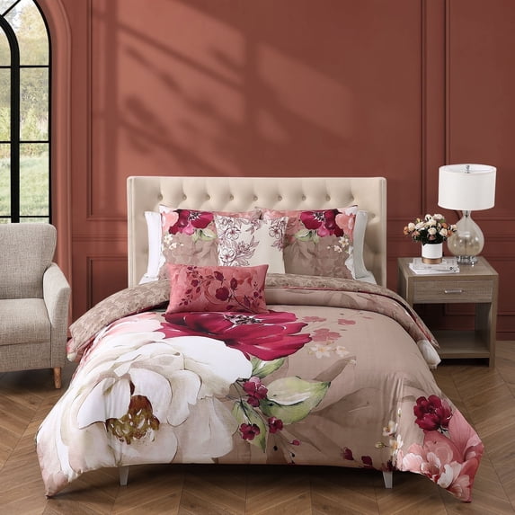 Bebejan Florence 5 Piece Reversible Comforter Set, Queen, Brown, 100% Cotton Sateen, All Season, Cozy Comfort