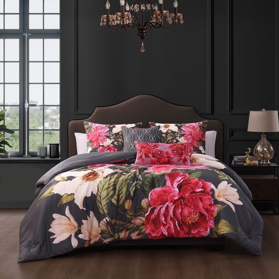 Bebejan Flower Garland 5 Piece Comforter Set, King, Grey, 100% Cotton Sateen, Reversible, All Season, Cozy Comfort, All Season, Cozy Comfort