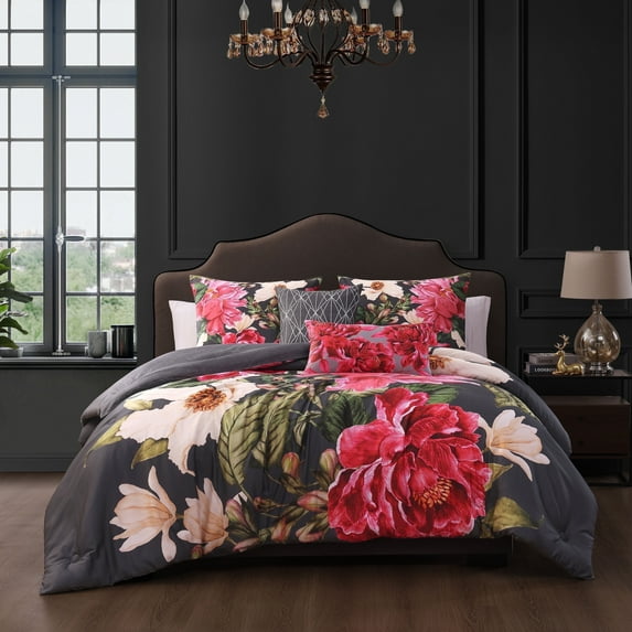 Bebejan Flower Garland 5 Piece Comforter Set, Queen, Grey, 100% Cotton Sateen, Reversible, All Season, Cozy Comfort