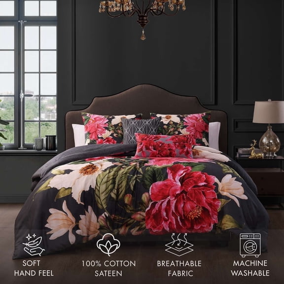 Bebejan Flower Garland 5 Piece Reversible Comforter Set, Queen, Grey, 100% Cotton Sateen, All Season, Cozy Comfort