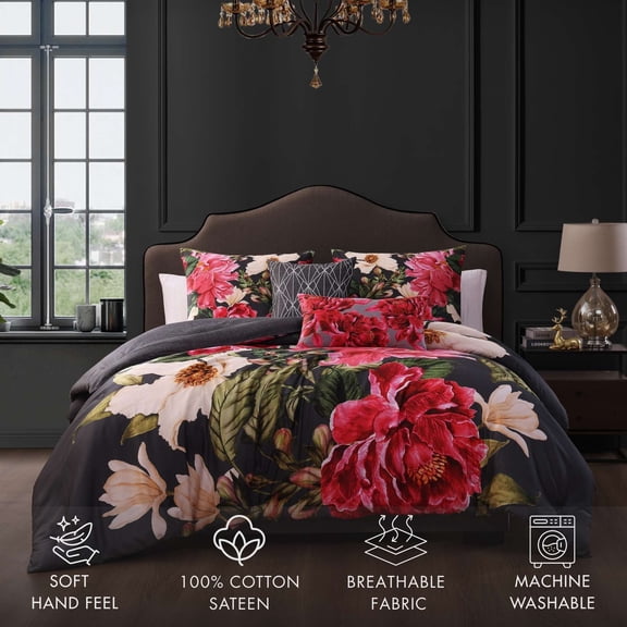 Bebejan Flower Garland 5 Piece Reversible Comforter Set, Queen, Grey, 100% Cotton Sateen, All Season, Cozy Comfort
