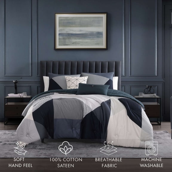 Bebejan Geo Fusion 5 Piece Comforter Set, Queen, Blue, 100% Cotton Sateen, Reversible, All Season, Cozy Comfort