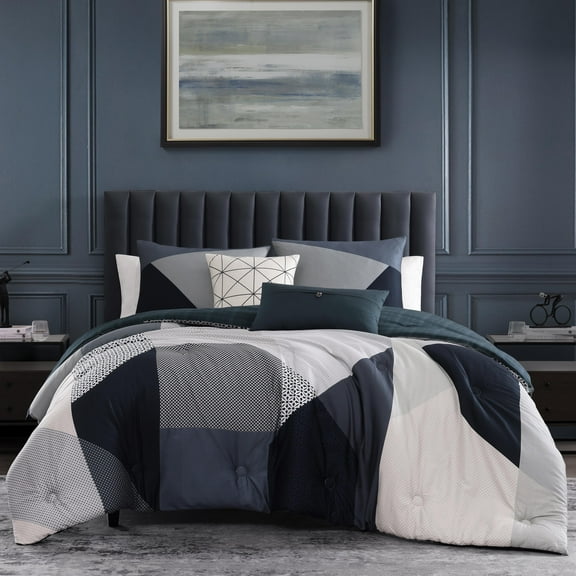 Bebejan Geo Fusion 5 Piece Comforter Set, Queen, Blue, 100% Cotton Sateen, Reversible, All Season, Cozy Comfort