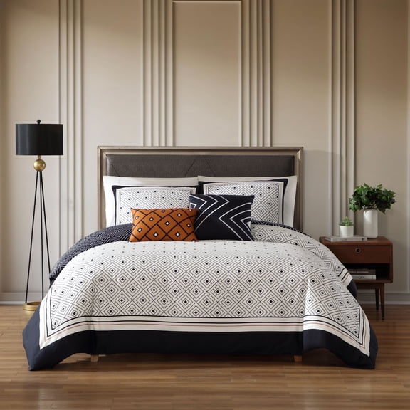 Bebejan Geometric Black & White 5 Piece Comforter Set, King, 100% Cotton Sateen, Reversible, All Season, Cozy Comfort
