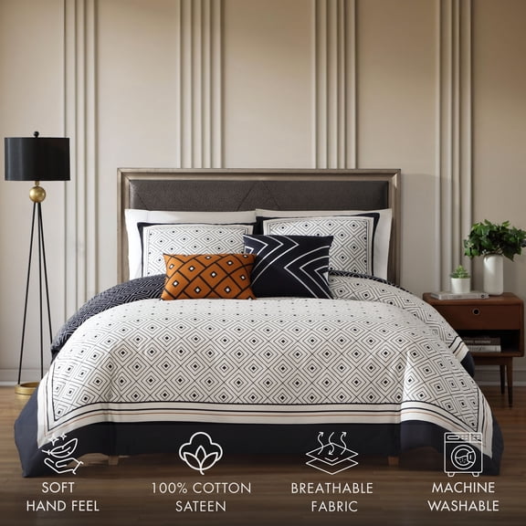 Bebejan Geometric Black & White 5 Piece Comforter Set, King, 100% Cotton Sateen, Reversible, All Season, Cozy Comfort