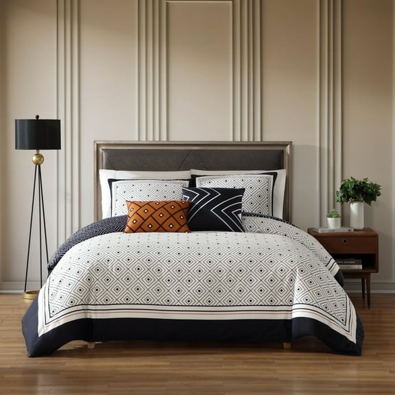 Bebejan Geometric Black & White 5 Piece Comforter Set, Queen, 100% Cotton Sateen, Reversible, All Season, Cozy Comfort