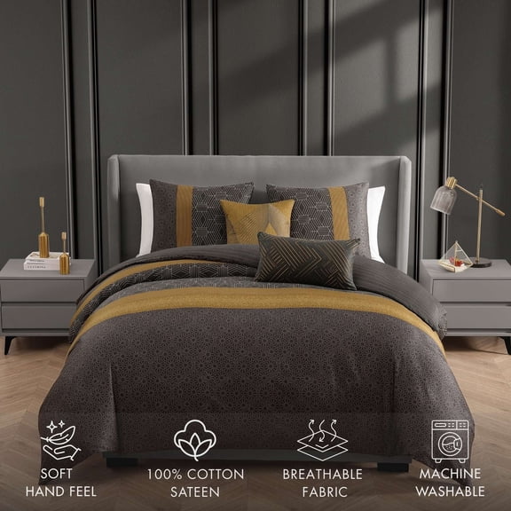 Bebejan Golden Hex 5 Piece Comforter Set, King, 100% Cotton Sateen, Reversible, All Season, Cozy Comfort