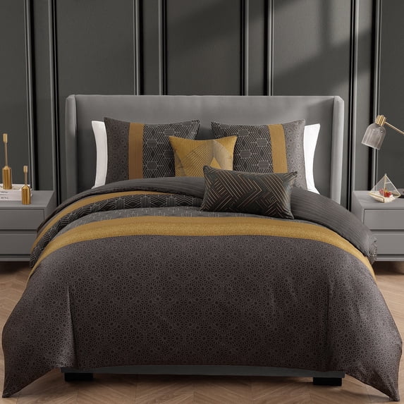 Bebejan Golden Hex 5 Piece Comforter Set, Queen, 100% Cotton Sateen, Reversible, All Season, Cozy Comfort