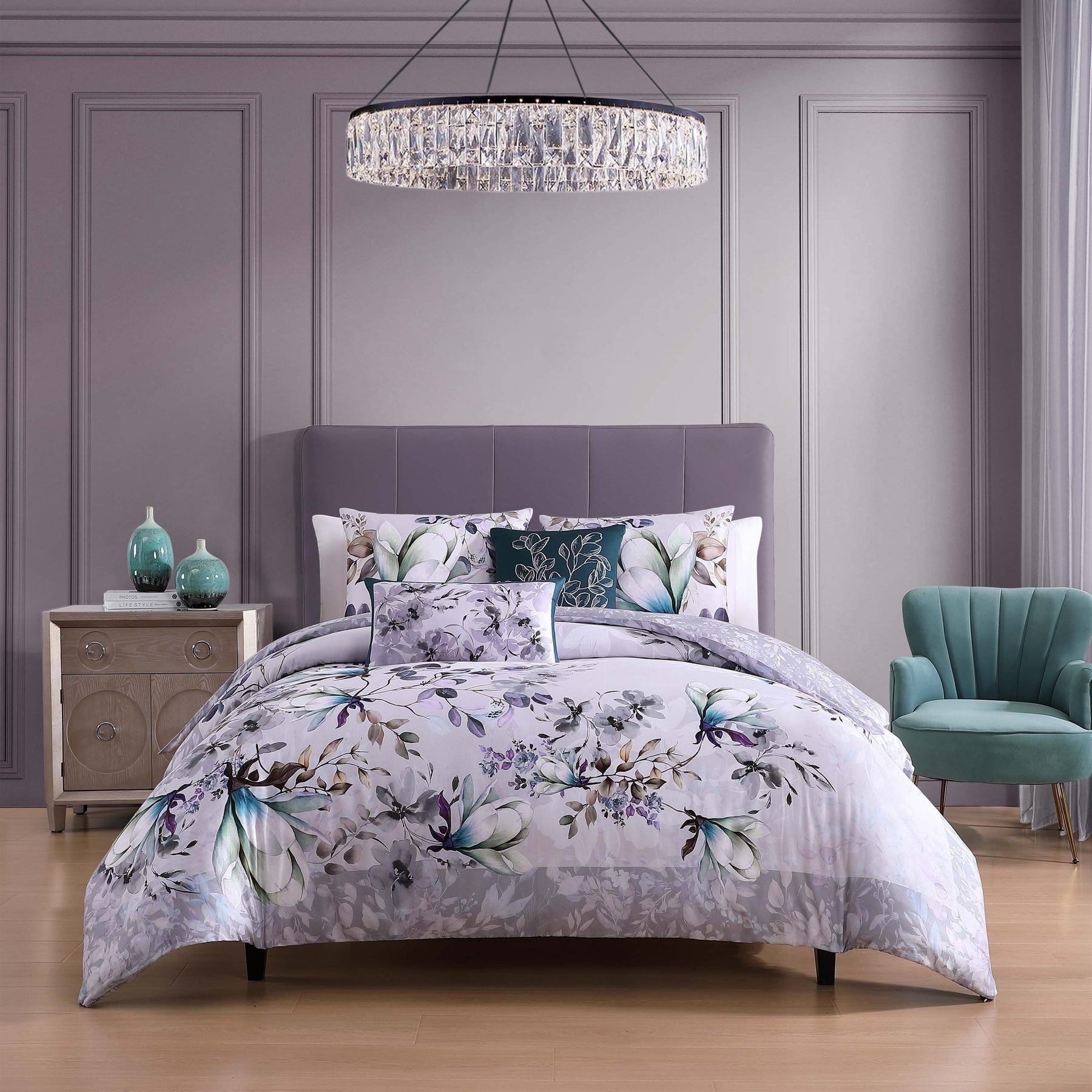 King Gray Floral Cotton Reversible Comforter Set