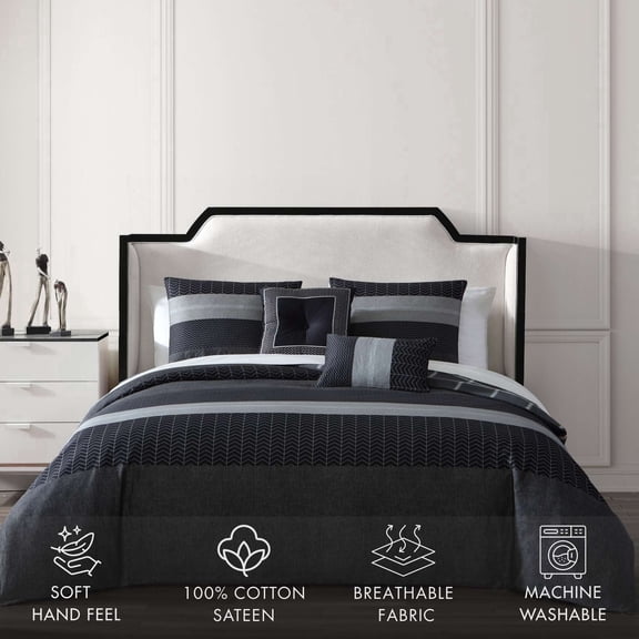 Bebejan Kyle 5 Piece Comforter Set, King, Black, 100% Cotton Sateen, Reversible, All Season, Cozy Comfort