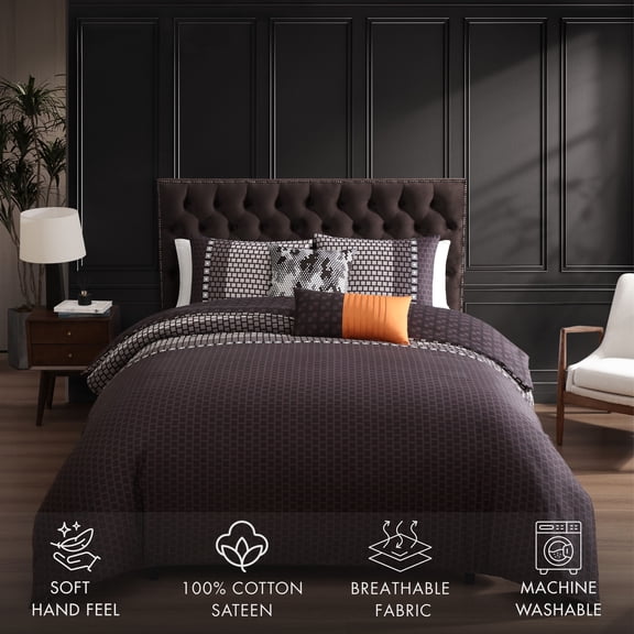 Bebejan Linear Luxe 5 Piece Comforter Set, Queen, 100% Cotton Sateen, Reversible, All Season, Cozy Comfort