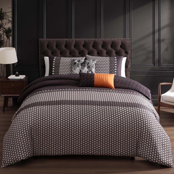 Bebejan Linear Luxe 5 Piece Comforter Set, Queen,  100% Cotton Sateen, Reversible, All Season, Cozy Comfort