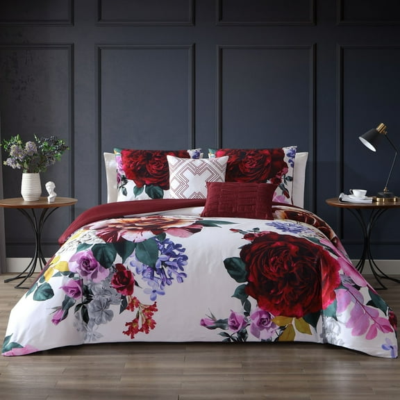 Bebejan Magenta Floral 5 Piece Comforter Set, King, 100% Cotton Sateen, Reversible, All Season, Cozy Comfort