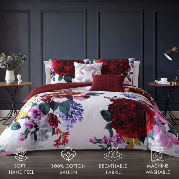 Bebejan Magenta Floral 5 Piece Reversible Comforter Set, Queen, 220 Thread Count, 100% Cotton Sateen