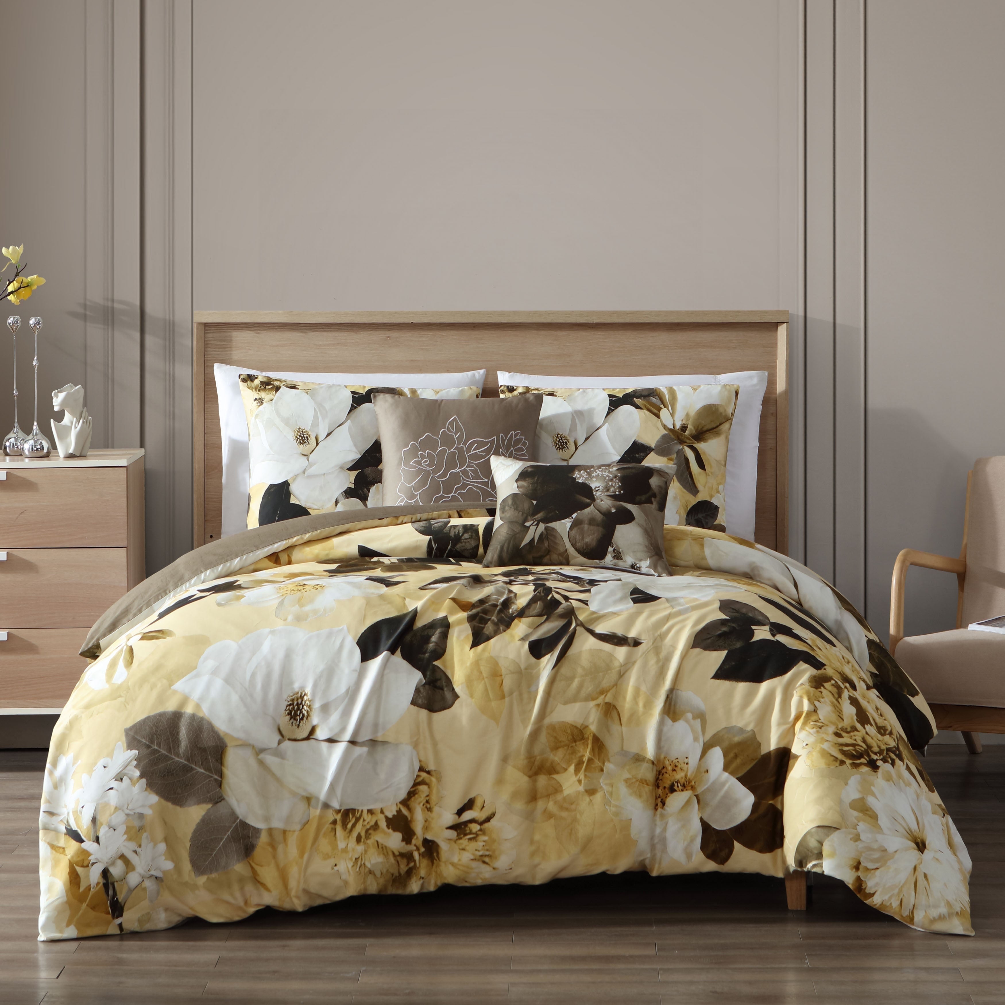 Yellow Magnolia Floral Cotton Queen Reversible Comforter Set