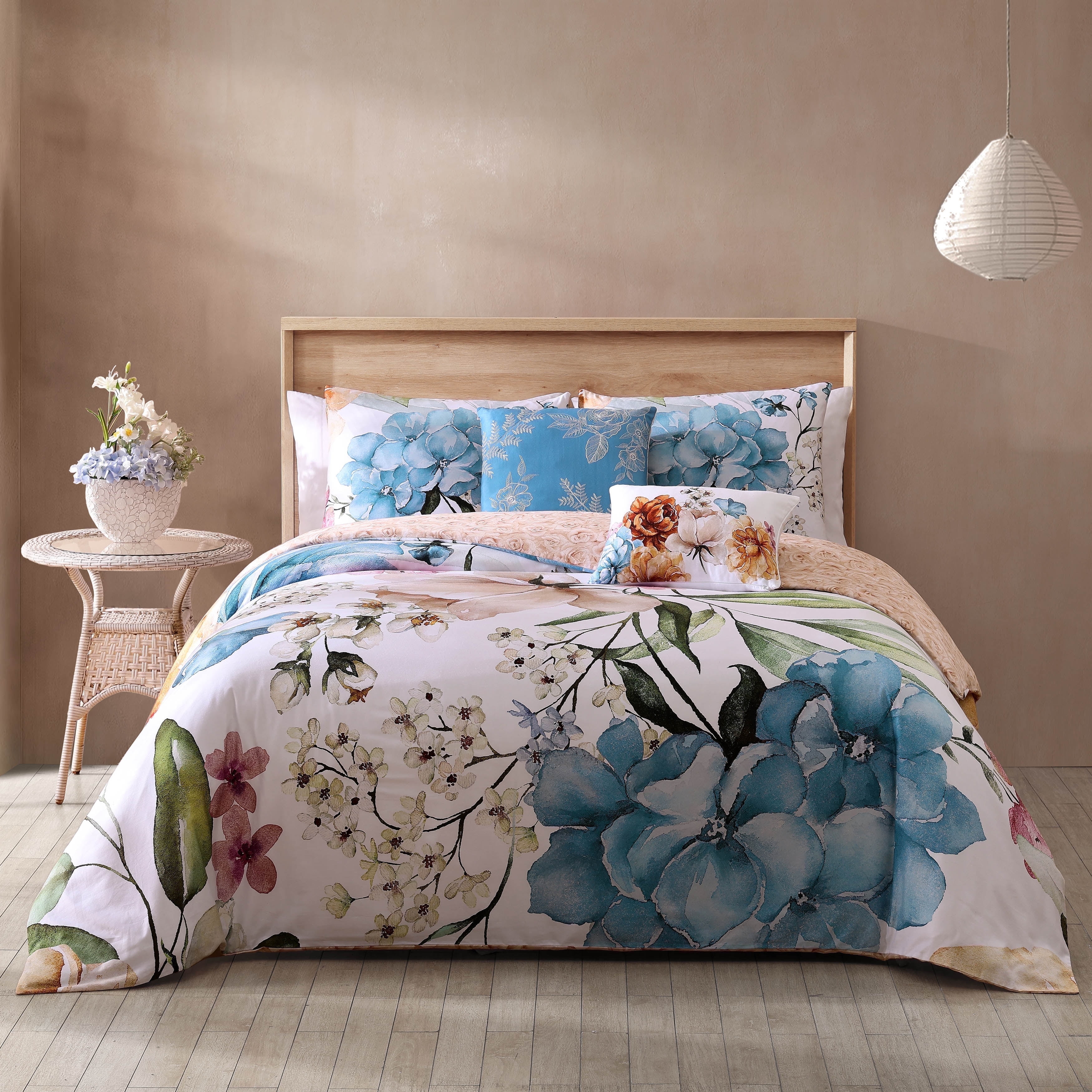 Blush and Blue Cotton Queen Reversible Floral Comforter Set
