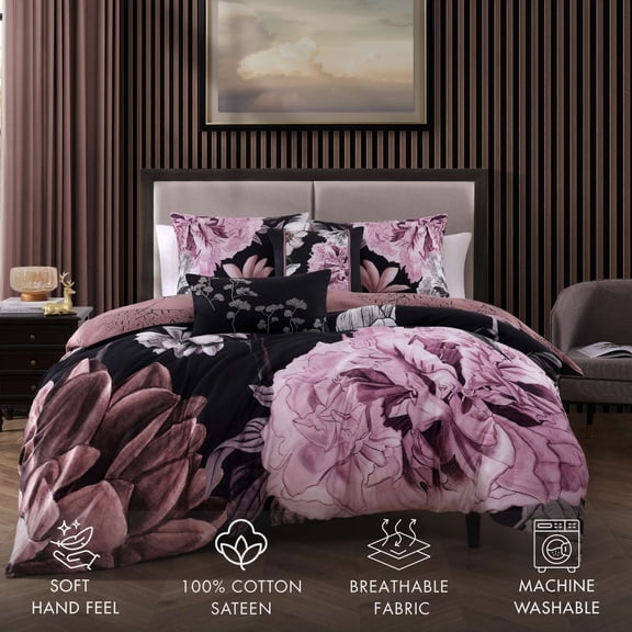 Bebejan Midnight Meadow 5 Piece Comforter Set, King, Black,  100% Cotton Sateen, Reversible, All Season, Cozy Comfort