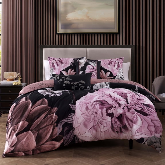 Bebejan Midnight Meadow 5-Piece Reversible Floral Comforter Set, Queen, Black, 220 Thread Count, 100% Cotton Sateen