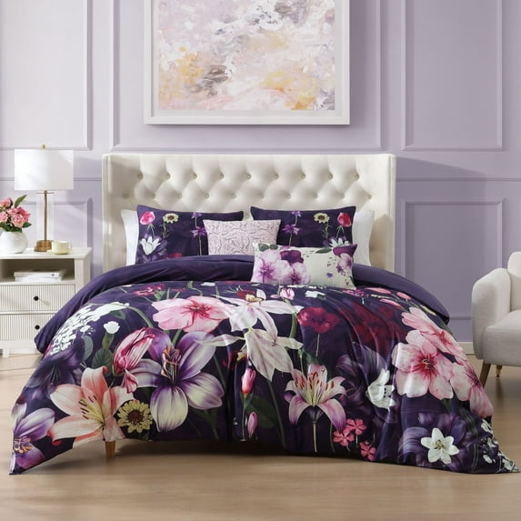 Bebejan Morning Glory 5 Piece Comforter Set, Purple, King, 100% Cotton Sateen, Reversible, All Season, Cozy Comfort