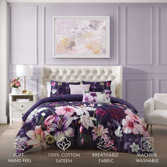 Bebejan Morning Glory 5 Piece Comforter Set, Purple, King, 100% Cotton Sateen, 220 Thread Count, Floral, All-Season Cozy Comfort
