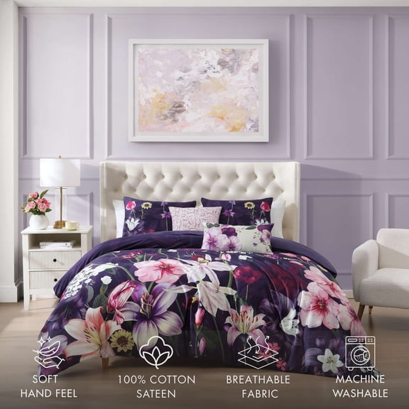 Bebejan Morning Glory 5 Piece Comforter Set, Purple, Queen, 100% Cotton Sateen, Reversible, All Season, Cozy Comfort
