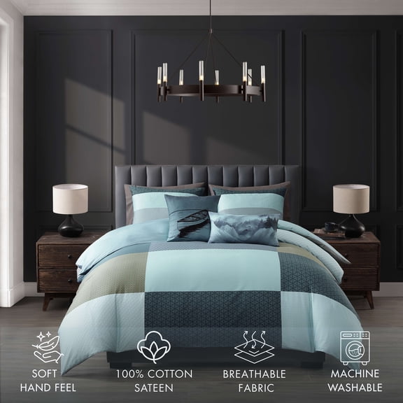 Bebejan Nature Blues 5 Piece Reversible Comforter Set, Queen, 100% Cotton Sateen, All Season, Cozy Comfort