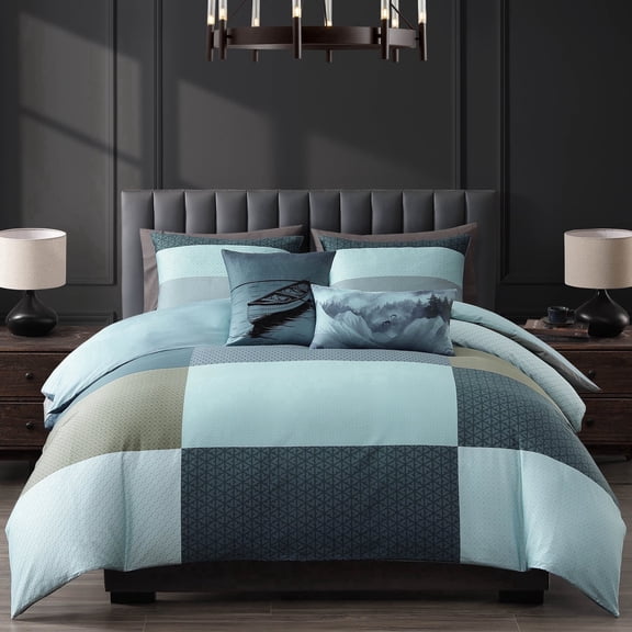 Bebejan Nature Blues 5 Piece Reversible Comforter Set, Queen, 100% Cotton Sateen, All Season, Cozy Comfort