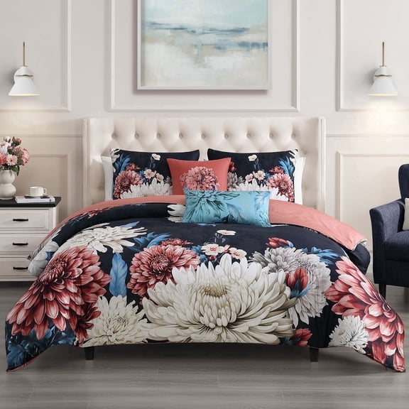 Bebejan Navy Mums 5 Piece Comforter Set, Queen, Blue, 100% Cotton Sateen, Reversible, All Season, Cozy Comfort
