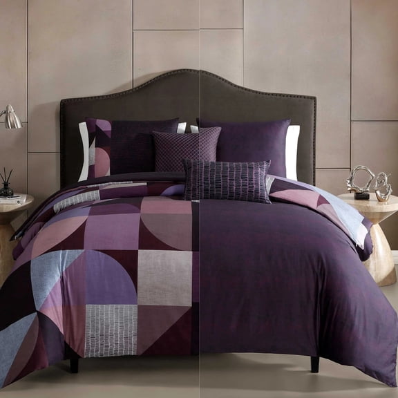 Bebejan Orchid Matrix 5 Piece Reversible Comforter Set, Queen, 100% Cotton Sateen, All Season, Cozy Comfort